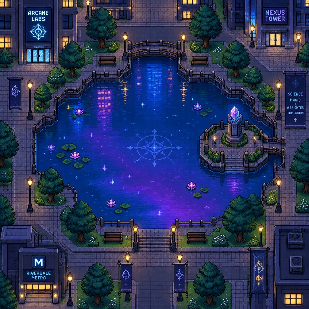 A magic pond where the water changes color at night for a fantasy game set in modern times, exterior, top-down style,