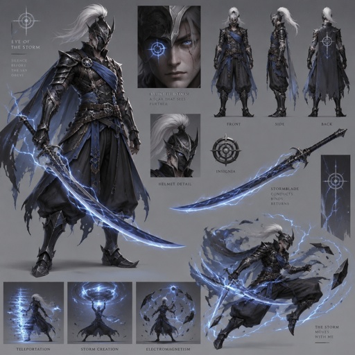 lightning dark knight, white plume helmet, grey hair, eye of the storm mark, baggy pants, scar eye, teleportation ability, storm creation, lightning curved sword, electromagnetism manipulation, blue black grey and silver