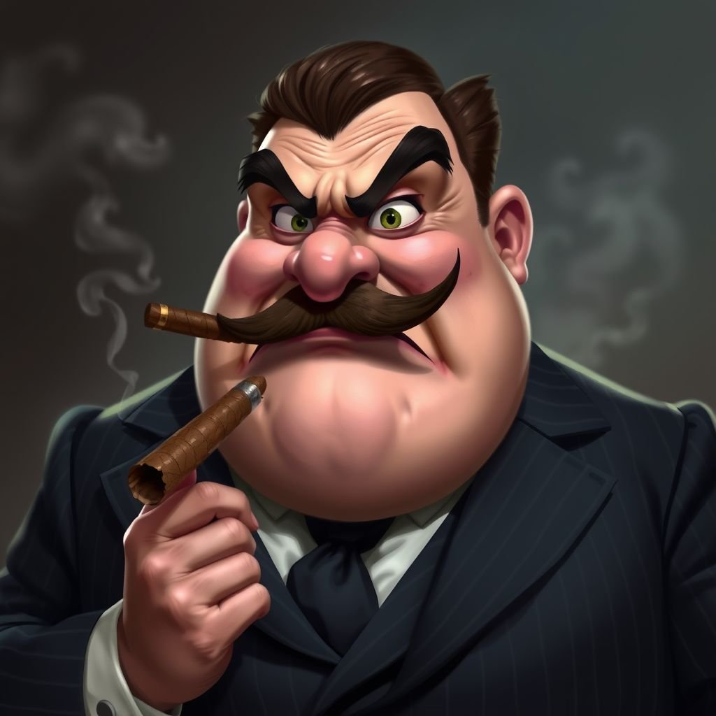 Create a fat funny looking guy who looks like a mobster make him angry but funny