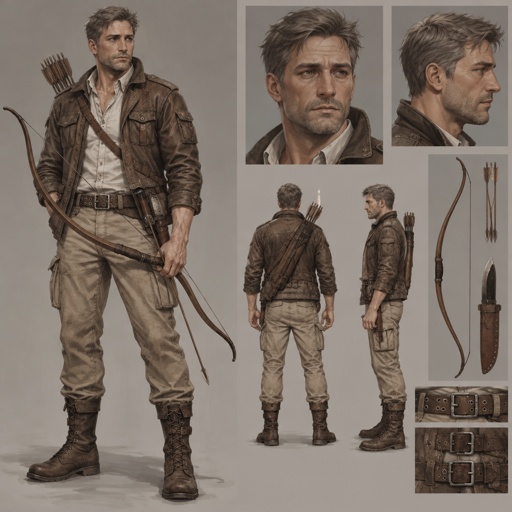 34 Year male old Hunter in a JRPG game. Real Short Grayish/Brown hair. Leather boots. Beige Pants with two side Pockets. Leather belt with Iron holes, Tight at waist, getting loose to the right side. White shirt. Brown leather jacket with Belts at the bottom. Manly Face with tired eyes. Knife attached to the belt. Bow and arrow in hand.