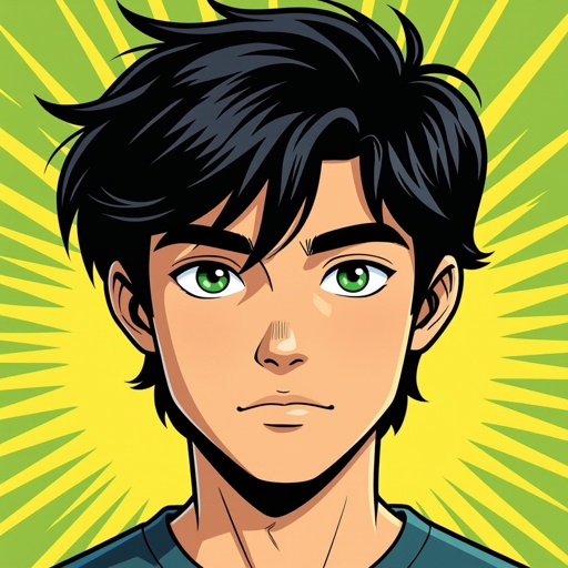 Male. 15 years old. Black hair. Green eyes. Round face.