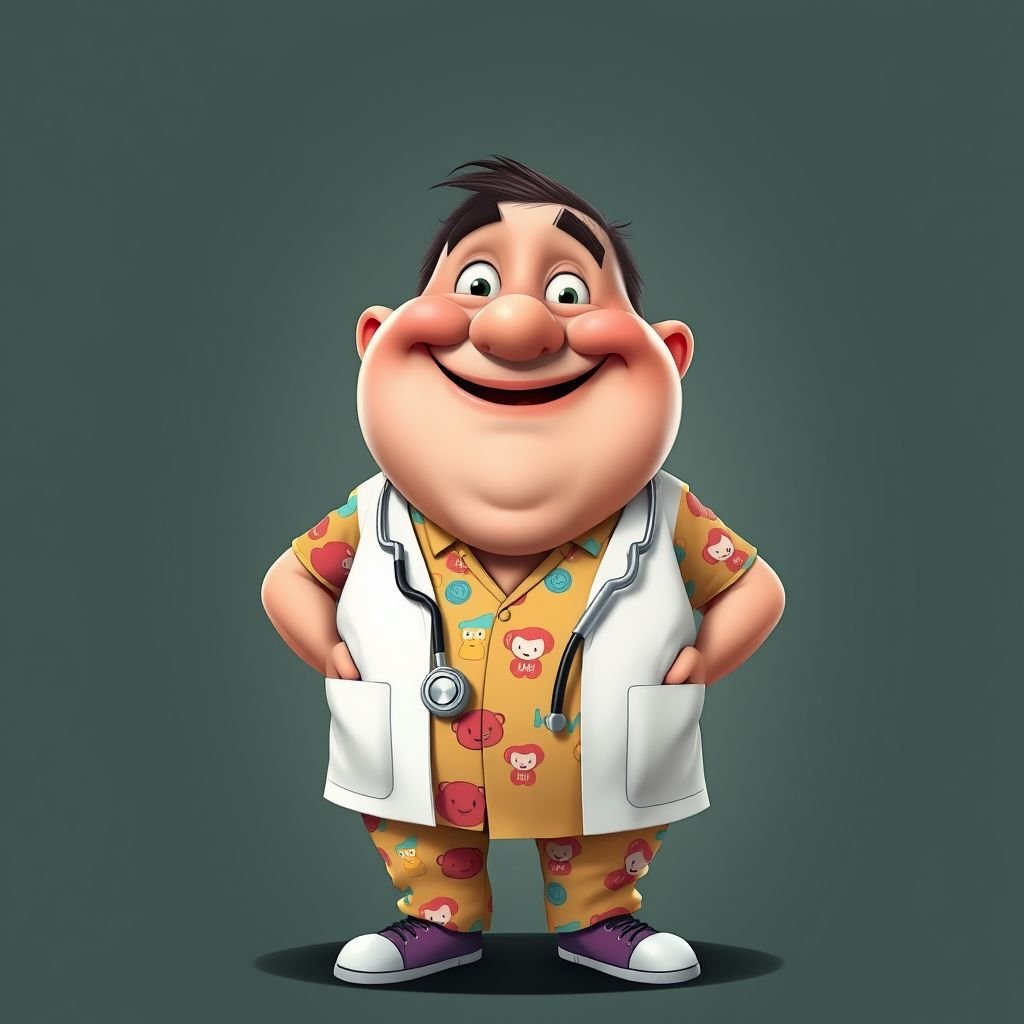 create a fat doctor. Who is funny human looking from head to toe. And he always immediately results to surgery for anything even small things. So please be sure to show his whole outfit head to toe. Make him have funny teeth
