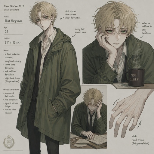 Anime style Male great detective takes his job real seriously and is really good at it in his mid 20s with medium really crazy messy light blonde hair, tall thin, tied, clean shaven, strange green eyes wearing a baggy loose mossy green jacket tired face,partner looking annoyed but also concerned for him, trying to take this case seriously, talking about crime scene what could have happened, very gruesome,person unknown, detective will do whatever he can, his parent and him get into arguments usually his partner will say "you really need some rest you can barely stand and your speaking trails off, how do you expect to finish this case with the little sleep and food you eat" detective will reply" all I need is some coffee, I can survive and I don't plan on resting till I get to the bottom of this, worrying never helps with anything"as he yawns and starts nodding off