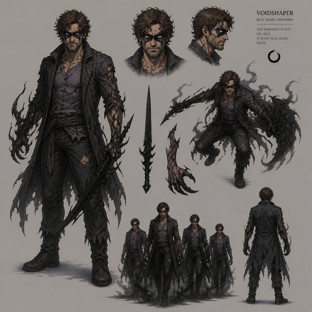 Male superhero with darkness solidification, ragged , weapons made of shadows, mask,curly brown hair, cracks, middle aged, multiple of the same character