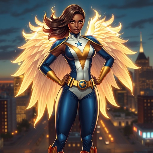 African American female superhero with shoulder length hair in a side part style and wings made of white fire wearing a slightly homemade white blue and gold suit with blue pants with a stylized V as her chest emblem wearing gold flat boots made of gold standing in Philadelphia at dusk