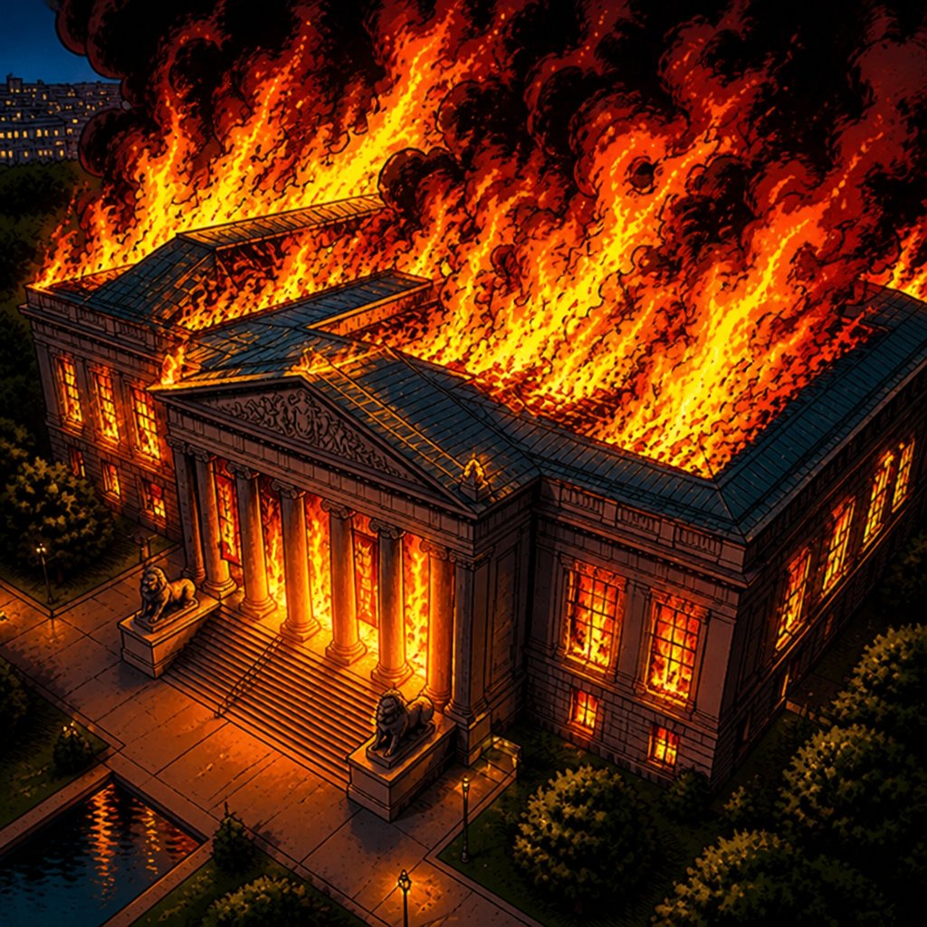 a large building on fire with a lot of flames coming out of it