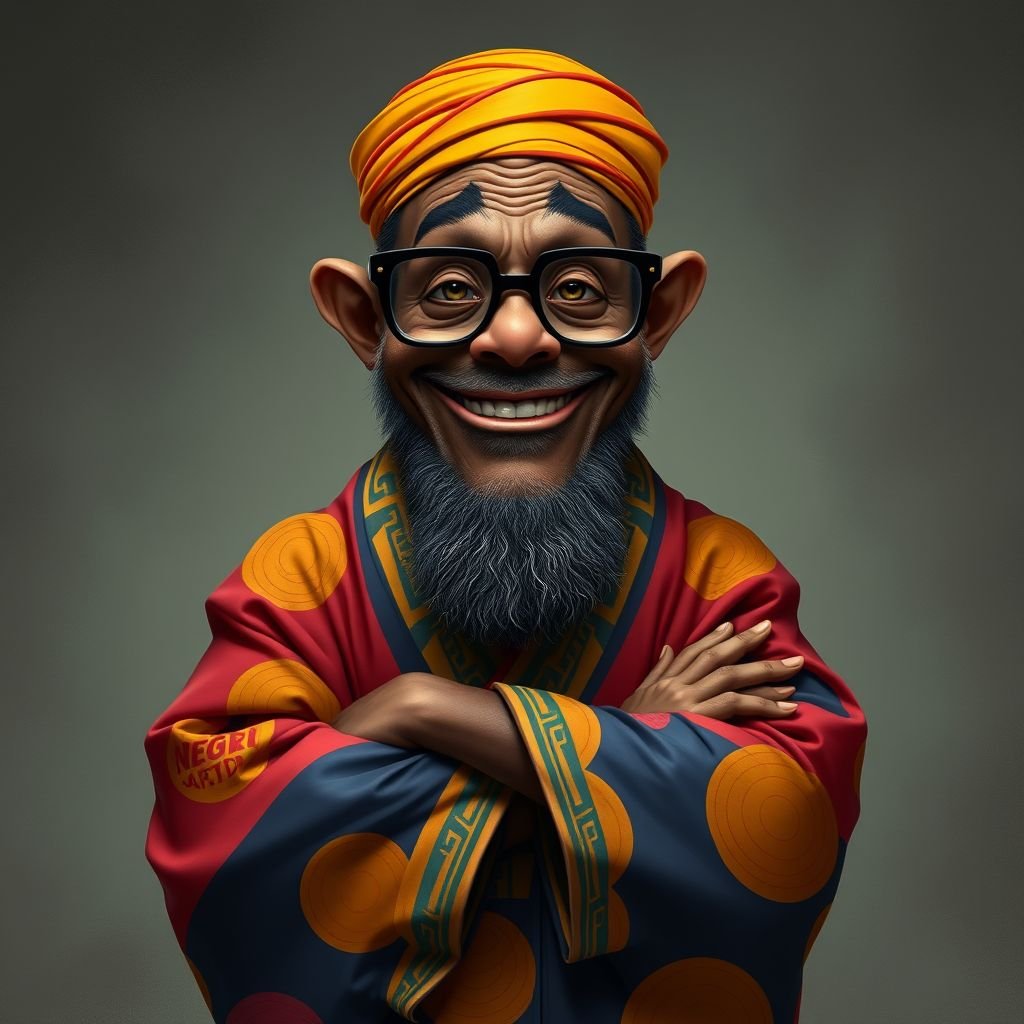 Create a funny looking African sensei. Show the whole character from head, body , legs , feet and make him serious. 