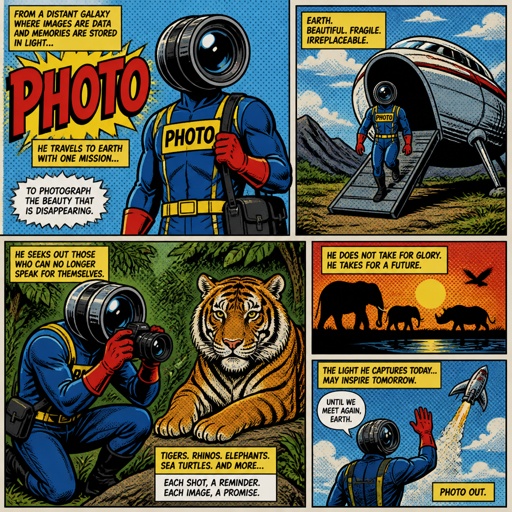 His name is photo, his head is shaped like a high powered camera lens. He came to earth to photo endangered species that will go extinct.   camera lens