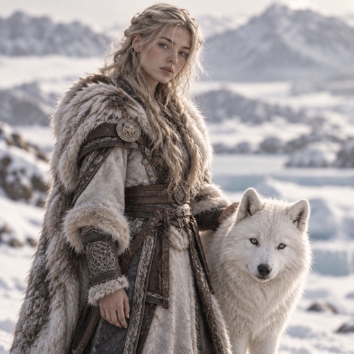 a woman in a fur coat standing next to a white wolf