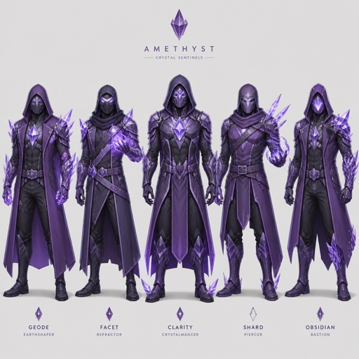 Male superhero with crystal abilities, full face mask, amethyst palette, hood, multiple of the same character 