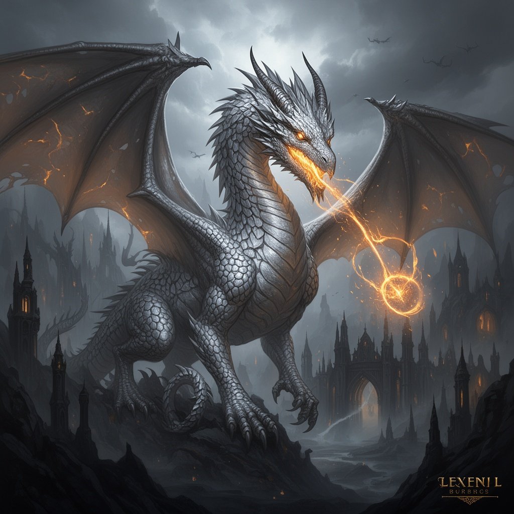 Silver dragon. Wyvern. Molten bronze eyed.