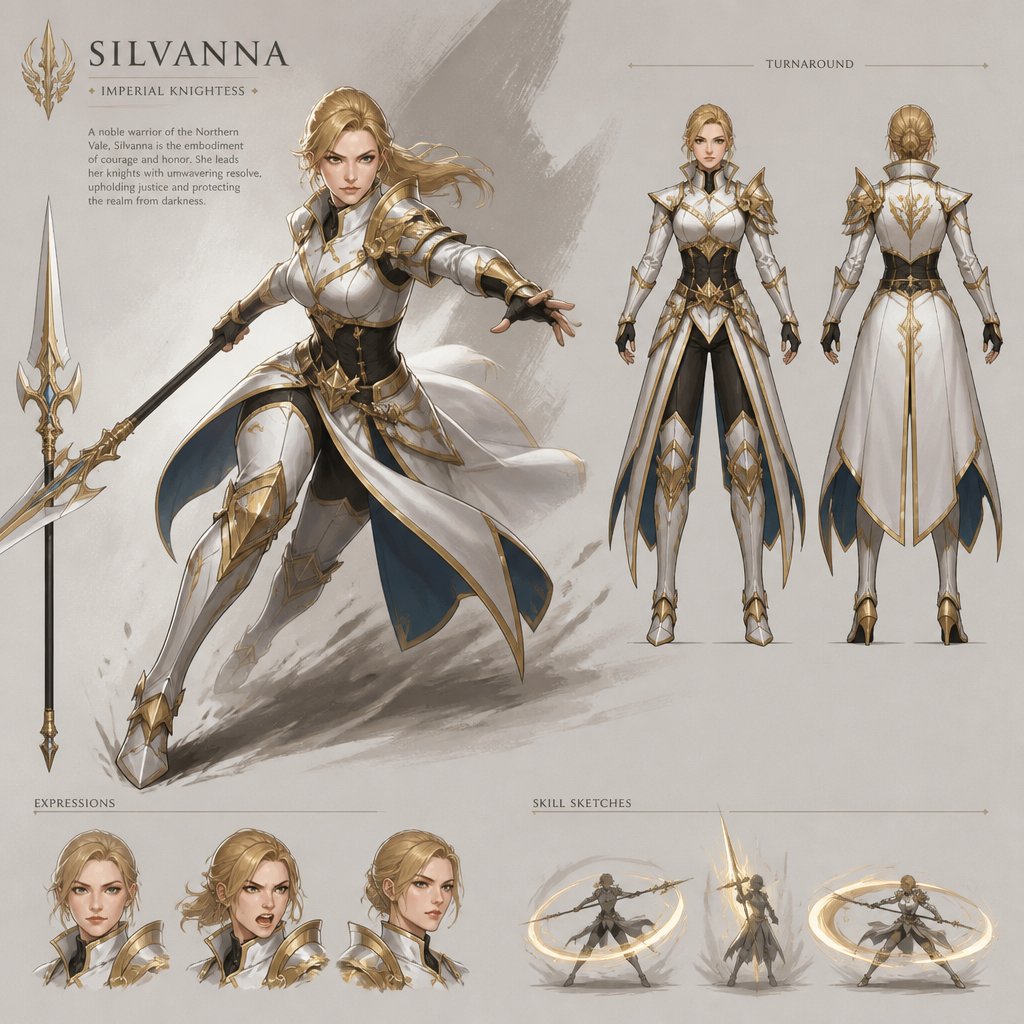 female warrior named silvanna, blonde, white gold