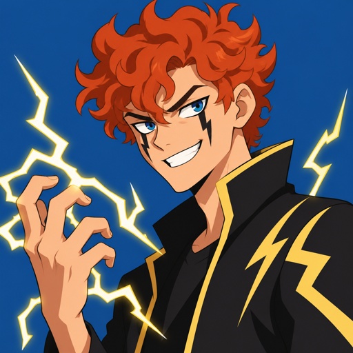 Male,orange red curly hair longer sticking up at bottom lightning,grinning,white eyes with blue on the top,lightning mascara down face, lightning powers 