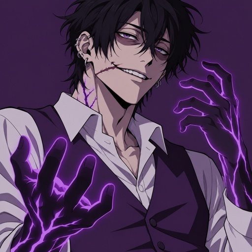 Male, black messy hair, side bangs, eyebags, jagged scar over lip, ear piercing rings, glowing purple hands, purple glowing veins, smiling, bad guy, purple vest, white shirt
