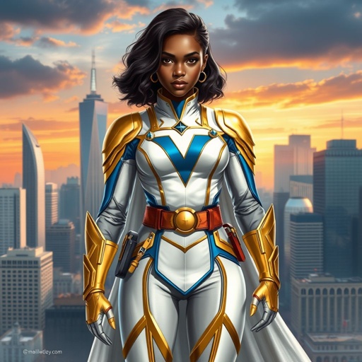 A teenage African American female superhero with slightly curly hair in a shoulder length side part style wearing a slightly medieval white and Gold suit with blue accents and a stylized V as her chest emblem a utility belt and gold boots standing in Philadelphia