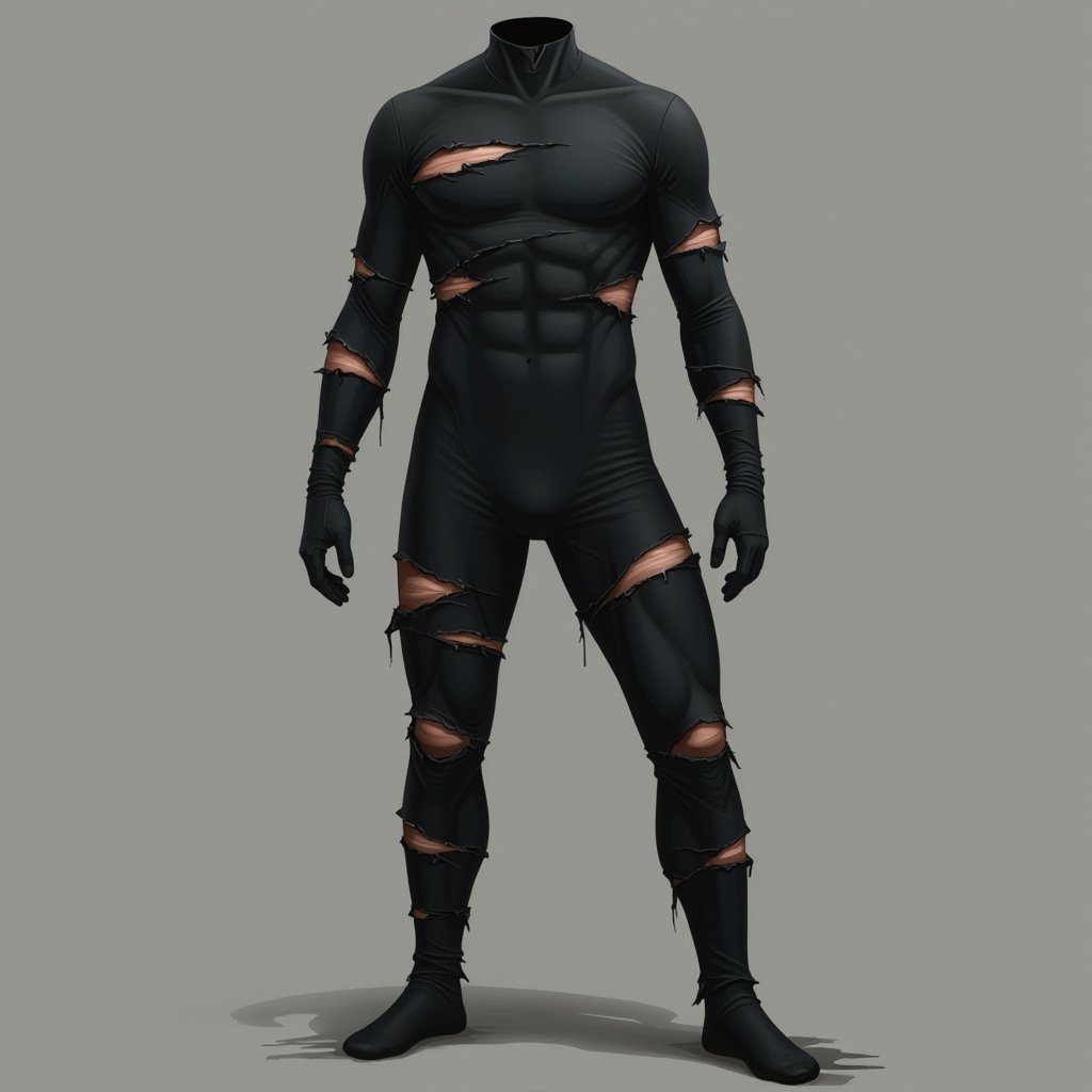shredded torn ripped tight black spandex suit torn and ripped a lot damaged wear and tear