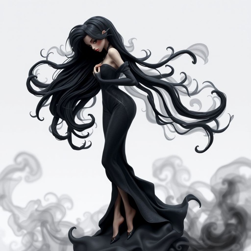 Create character hero Veyra of Shadows – A lithe, mysterious woman draped in layered black silks that move like smoke around her. With jet-black hair. Show her whole body head to toe including her shoes.