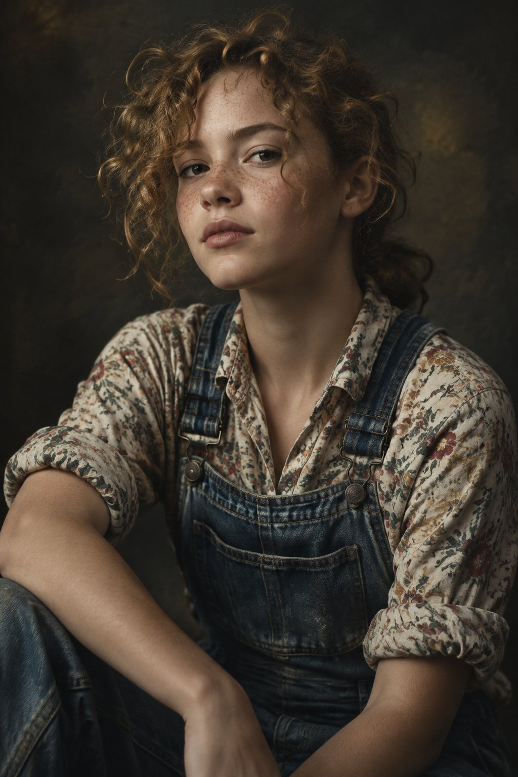 Portrait of a tomboy with curly sandy hair and freckles in overalls with a floral shirt under it.