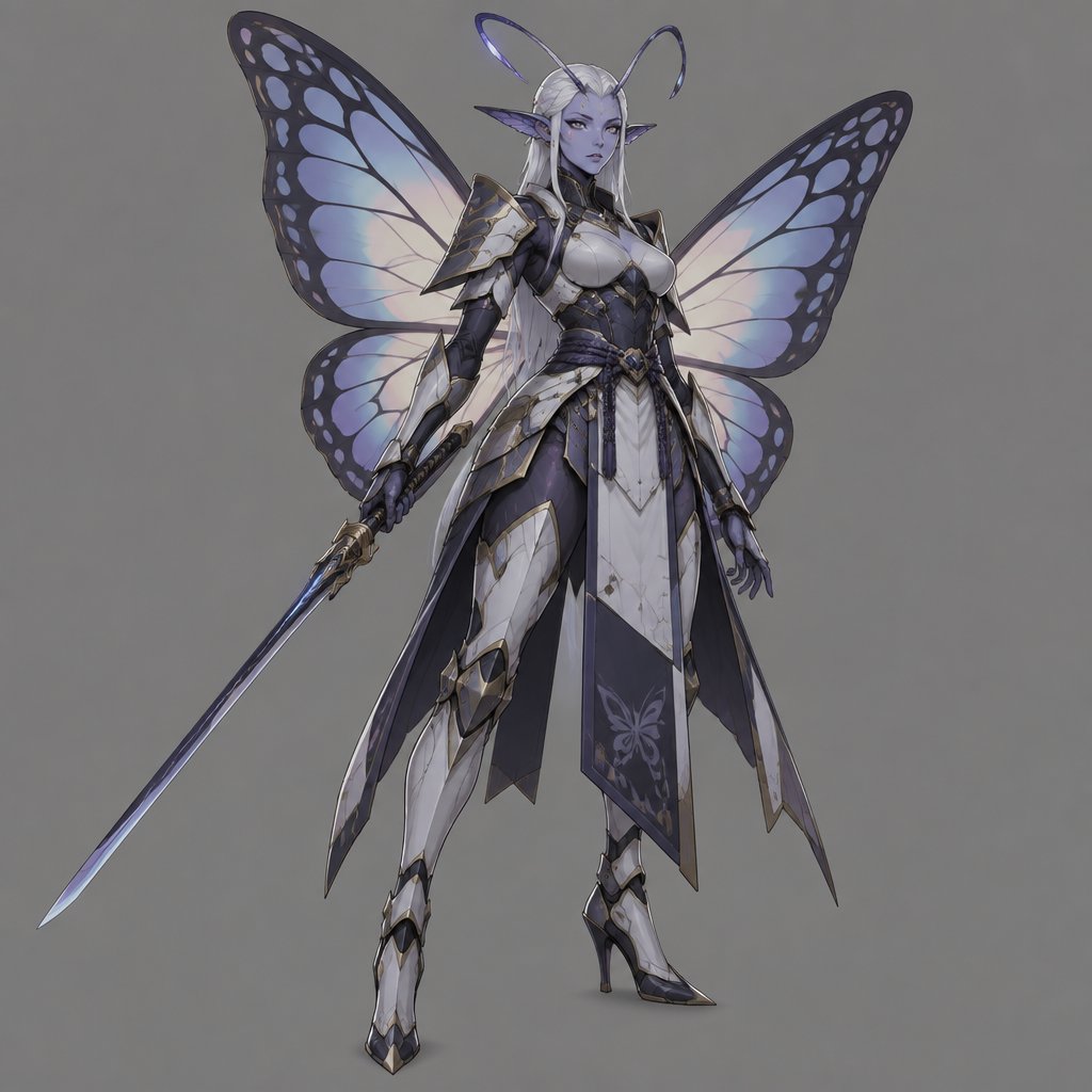 A gorgeous alien butterfly woman in a futuristic space samurai armor. Show whole body.