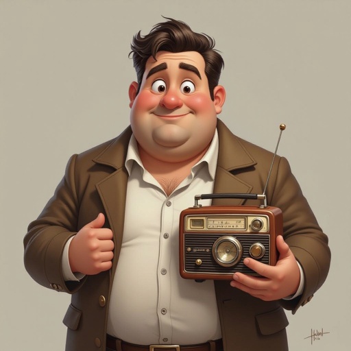 Create a funny fat guy who is has a book box radio 