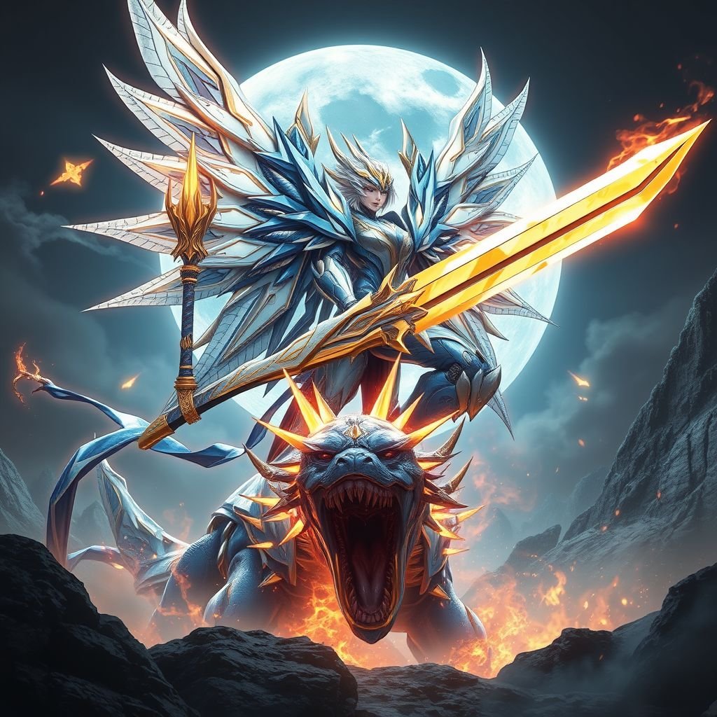 A blue white and gold feminine built mech with a giant flaming sword and metal wings fighting a blue and gold kaiju on the moon