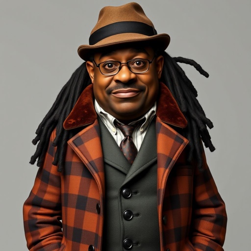 Create a funny serious fat character similar to Sherlock Holmes, but make him of black decent and with dread locks. Show his whole outfit including his shoes.