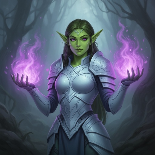 Green skin elf woman with light blue armor and purple eyes and purple fire balls in her hand