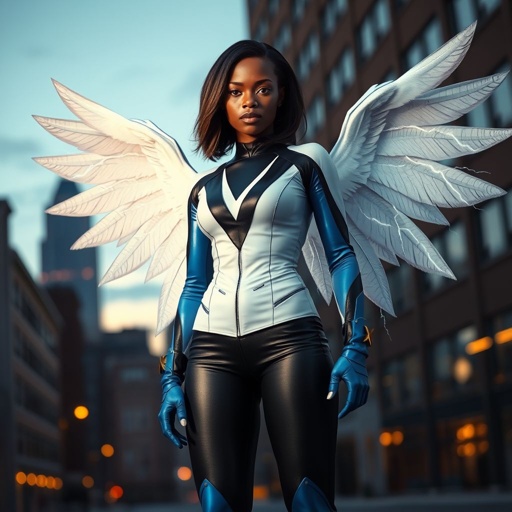 African American female superhero with shoulder length hair in a side part style and wings made of white lightning wearing a domino mask wearing a slightly homemade  white blue and black suit with black pants with a stylized V as her chest emblem wearing blue flat boots made of gold standing in Philadelphia at dusk