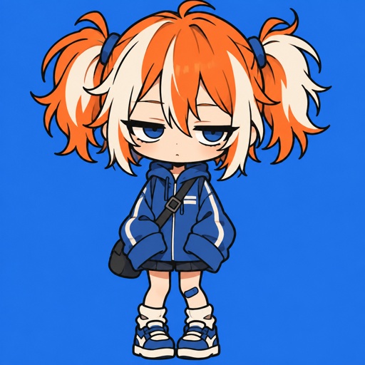 Female, orange and white messy pigtails, short, wears blue, droopy eyelid