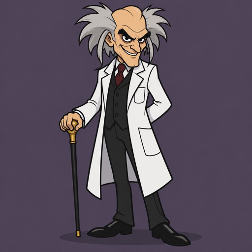 Male,scientists,bushy messy hair sticking up on the sides drooping down in the middle of his forehead linger strands of hair over his ears,shad,evil smirk,has a cane