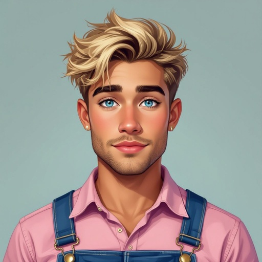 Latino, male, Blonde hair, blue eyes, ring around eye heterochromia, pink shirt, blue overalls 