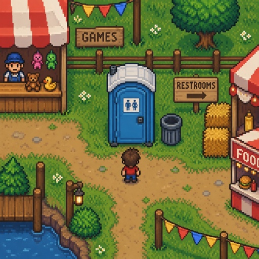 Cozy portapotty for a fair for a modern fantasy game, exterior, top down style