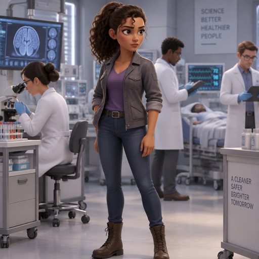 Female, tan skin, brown eyes, pointy nose, curly ponytail, curl in the middle of her forehead, grey jacket rolled up sleeves, jeans, boots, purple shirt, serious, in the hospital, scientists all around her doing tests on her