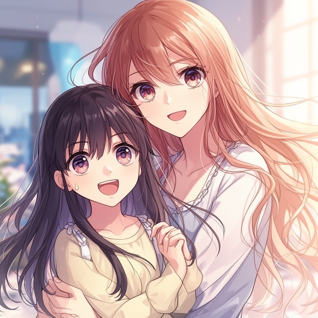 woman and her 9 year old daughter, in the style of a manwa full color