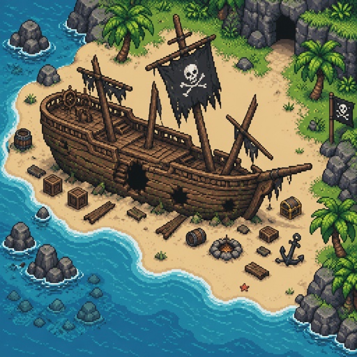 Abandoned pirate ship on island for a fantasy game set in modern times, top-down style, side view