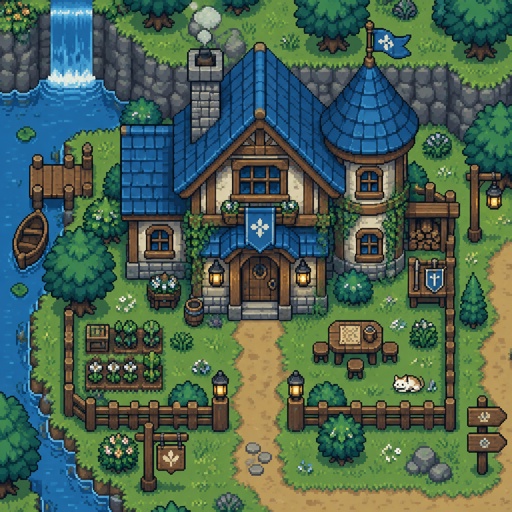 Three person house, unique, for a modern fantasy game, exterior, top down style, shading and highlights