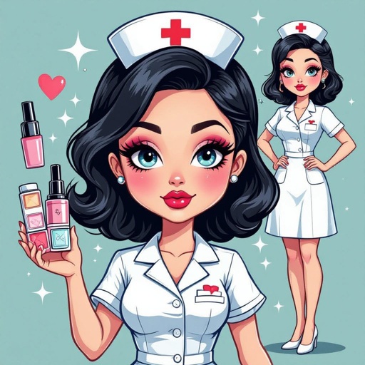 Create a nurse character showing there whole body head to toe, a lady who loves beauty products  