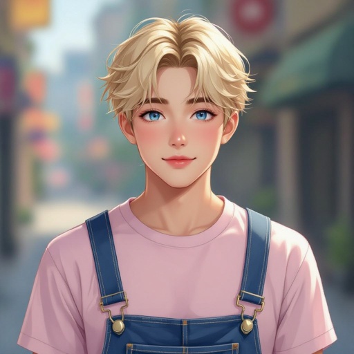 Japanese male looks 19-years old blonde hair blue eyes no bear wearing a light pink shirt with overalls has a bit of chubby cheeks looks a bit feminine and a bit frail no button shirt