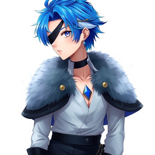 Young Asian man in very early 20’s. Royal blue hair and lighter blue streaks with a lock of hair resting on his left side of his chest. A black eyepatch with gold trim covering his right eye. A periwinkle eye with a diamond-shaped pupil. A half cape with distinctive fur collar, adding a touch of luxury and warmth. His shirt is a white, collared blouse with a noticeable neckline, giving a sense of sophistication and a hint of boldness. Also with dark, form-fitting trousers that emphasise his physique. He also has a blue earring on his left ear, and knee-length boots that complete the ensemble, adding to the overall elegant aesthetic