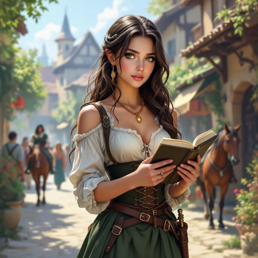 Human. Normal ears. A young human woman. Rouge. Thief.
Long brown hair, large green eyes. Pale complexion. Delicate beauty. Holding a book. She's wearing an elegant shirt that reveals her shoulders and an amber necklace. She's wearing long black pants and a green skirt that's shorter in the front. A village is in the background. People are walking by. A dagger at her belt. Horses are visible. It's daytime. The woman is looking around
. realistic atmosphere. More realistic.