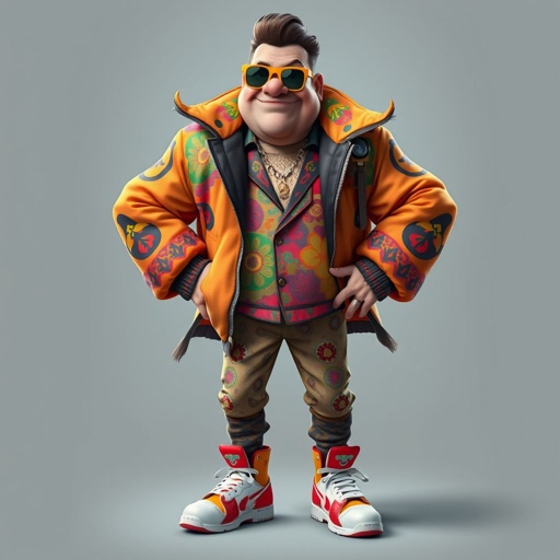 Create a funny arrogant character , showing him head to toe like his whole outfit 