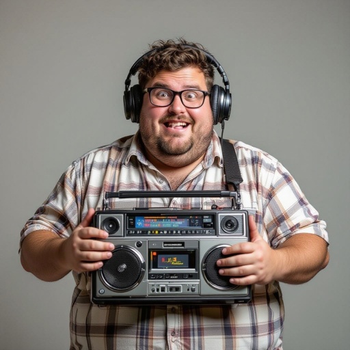 Create a funny fat guy who has a book box radio , make it kinda cartoonish 
