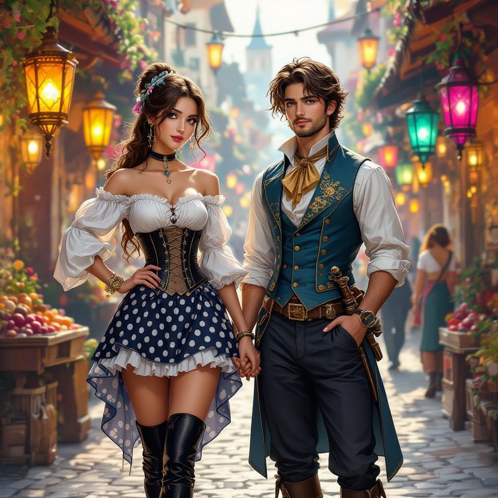 Semi-realistic high-fantasy painting of Mythanna Junedae and Ezekiel Sparrow walking arm-in-arm through the bright Eendood Market Bazaar. Both characters follow the eight-heads heroic proportion rule — tall, slender, graceful forms with natural, elegant elongation. Mythanna retains her playful confidence, sly smile, and couture “Polka Elegance” outfit: off-shoulder white blouse, structured black corset with visible boning and metallic fastenings, short high-waisted black-and-white polka-dot skirt hugging her form, tall lace-up platform boots with three silver buckles each. Ezekiel remains bashful yet handsome, wearing his rolled-sleeve cream shirt, blue vest, gold ascot, and dark trousers tucked into brown boots, holding the carved Staff of Birdcalls. Scene glows with warm amber, teal, and magenta lanterns over humid reedwood planks, reflecting magical color. Lighting emphasizes vertical grace and refined silhouette, balancing romantic charm with painterly fantasy style.