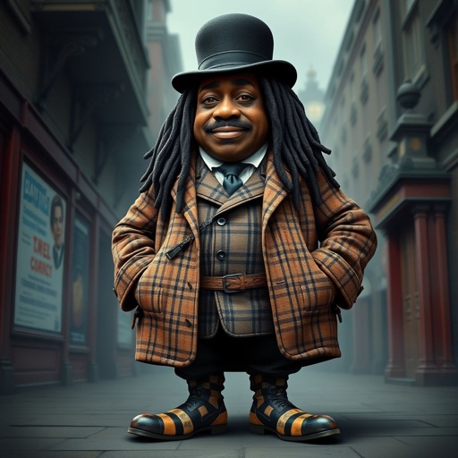 Create a funny fat character similar to Sherlock Holmes, but make him of black decent and with dread locks. Show his whole outfit including his shoes.