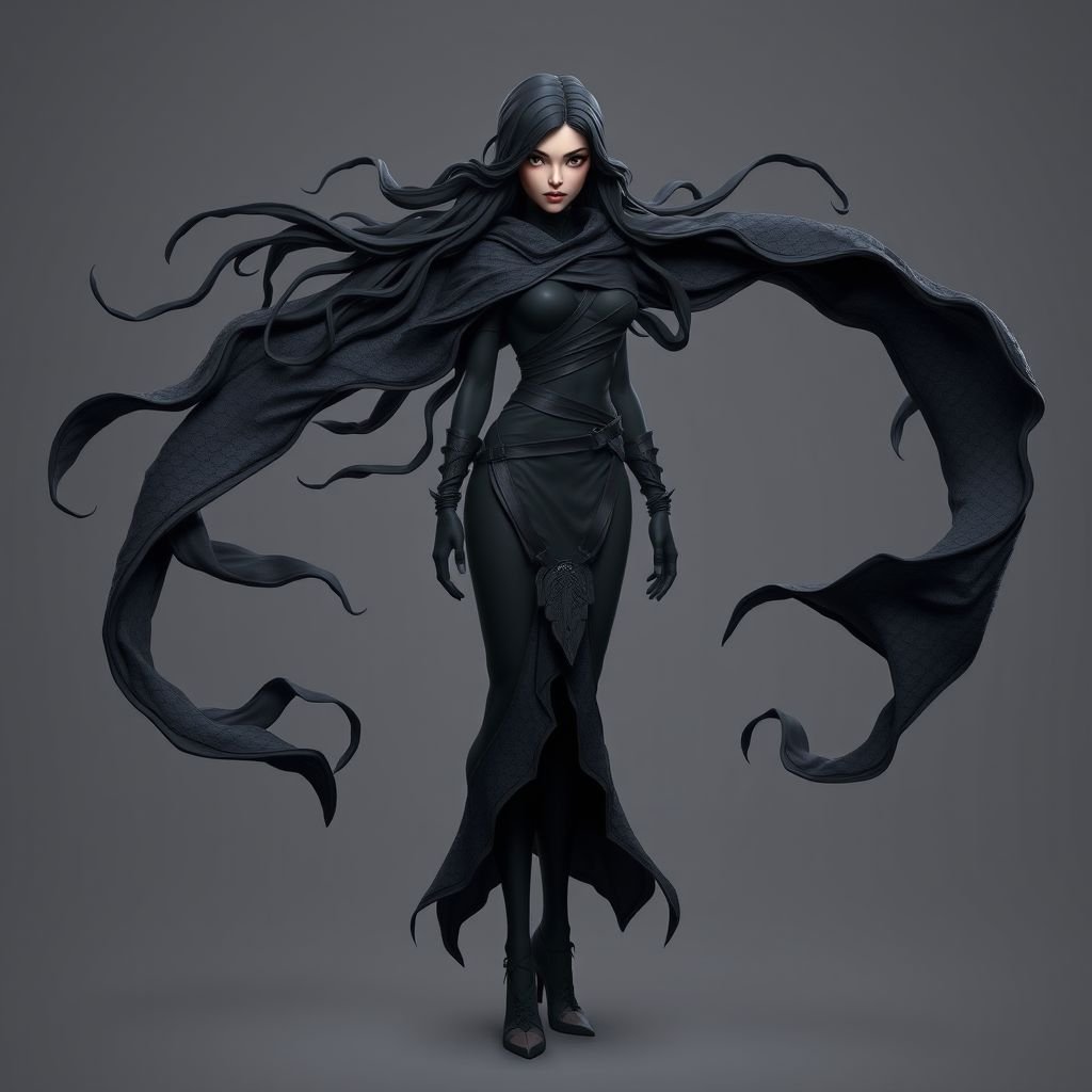 Create character hero Veyra of Shadows – A lithe, mysterious woman draped in layered black silks that move like smoke around her. With jet-black hair. Show her whole body head to toe including her shoes.