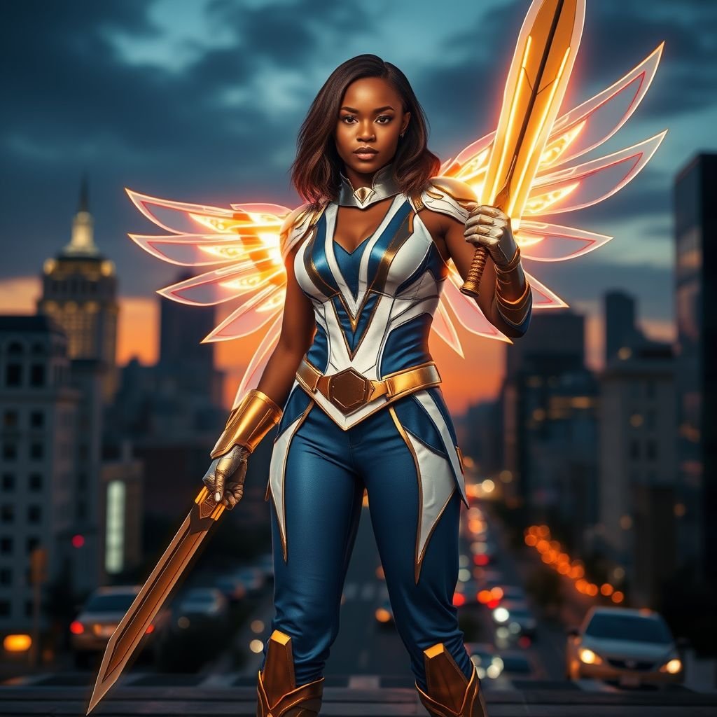 African American female superhero with shoulder length hair in a side part style and holographic wings wearing a homemade white and blue suit with gold accents and blue pants with a stylized V as her chest emblem wearing gold flat boots  made of gold fire holding a large glowing broadsword in one hand standing in Philadelphia at dusk
