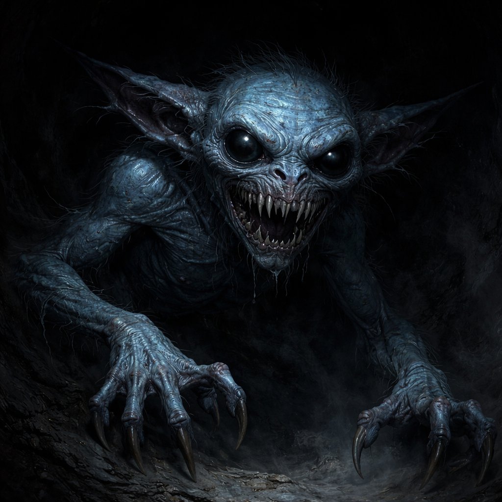 A blue goblin that has big black eyes. The goblin has big sharp teeth.