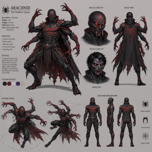 Male Villian with spider powers,mask, cool costume, six arms, six eyes, spider fangs,multiple of the same character 