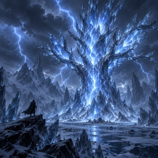 blue lightning storm in a dark ice waste land, lightning trapped in a ice tree formation