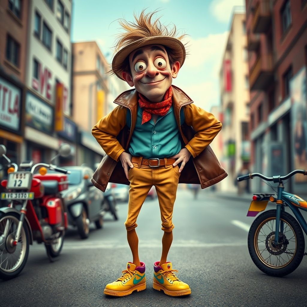 Create a funny looking man with very skinny legs